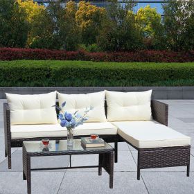 Outdoor patio Furniture sets 3 piece Conversation set wicker Ratten Sectional Sofa With Seat Cushions(Beige Cushion)