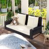 GO 2-Person Wicker Hanging Porch Swing with Chains, Cushion, Pillow, Rattan Swing Bench for Garden, Backyard, Pond. (Brown Wicker, Beige Cushion)