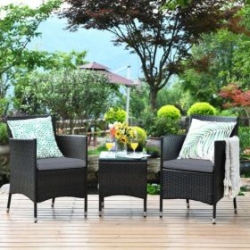 3 Pieces Ergonomic Wicker Patio Conversation Set (Color: Gray)