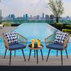 3 Piece Patio Bistro Set with Side Table, Outdoor PE Rattan Conversation Chair Set,Furniture of Coffee Table with Glass Top,Cushions & Lumbar Pillows